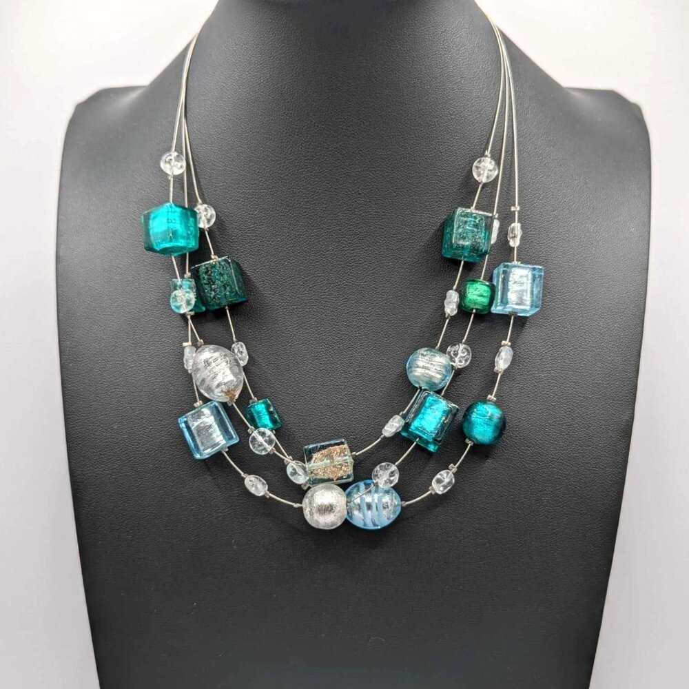 Large Green & Blue Glass Bead Necklace on Silver - 16 inches long